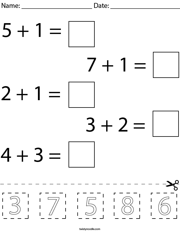 Basic Addition Cut and Paste Math Worksheet - Twisty Noodle